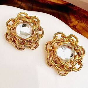 Vintage Large Clear Cabochon Earrings 3d Gold Textured Chain Rope Clip On 4608